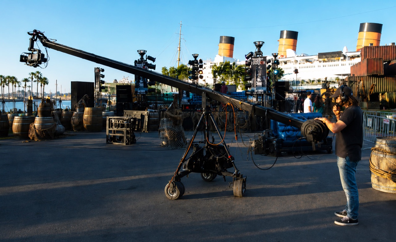 Ariel Roncoli operating a professional camera crane at the Queen Mary